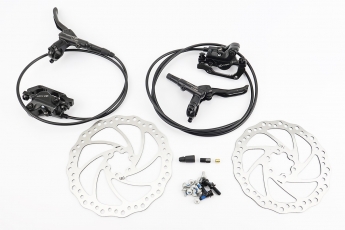 Гальмо Disk-brake переднє (F180/R160мм) + заднє (F180/R160мм) у зборі, диски 160/180мм, кріплення 6 болтів, чорні, арт. 210413