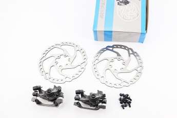 Гальмо Disk-brake переднє (F160/R140мм) + заднє (F180/R160мм), диски 160мм, кріплення 6 болтів, сірий SF M350 + RT525, арт. 210995
