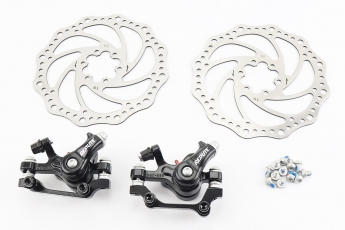 Гальмо Disk-brake переднє (F160/R140мм) + заднє (F180/R160мм), диски 160мм, кріплення 6 болтів, чорні DSC-510, арт. 211175