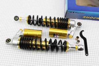 Амортизатор задній JH/CB/CG 340мм, D=60мм (втулка 12мм/втулка 10;12мм) газовий регульований, чорний комплект 2шт, арт 324757