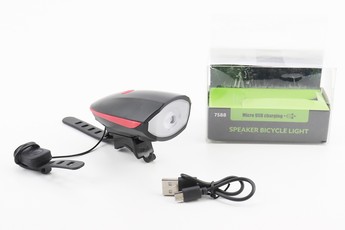 Ліхтар передній 1 діод + дзвінок 4 мелодії, Li-ion 3.7V 1200mAh зарядка від USB, вологозахисний, чорно-червоний FY-058/7588, арт. 409333