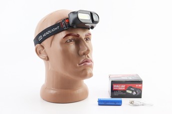 Ліхтар налобний 1 + 12 діодів 180 lumen, Li-ion 3.7V 6800mAh зарядка від USB, вологозахисний, чорний KX-1804, арт. 409923