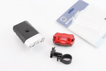 Ліхтар передній 2 діода + задній 5 діодів, зарядка від USB, вологозахисні, комплект, арт. 409986