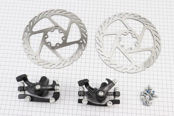 Гальмо Disk-brake переднє (F160/R140мм) + заднє (F180/R160мм), диски 160мм, кріплення 6 болтів, чорні DX-2012, арт. 411826