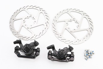 Гальмо Disk-brake переднє (F160/R140мм) + заднє (F180/R160мм), диски 160мм, кріплення 6 болтів, чорні DX-2005, арт. 411831