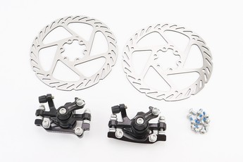 Гальмо Disk-brake переднє (F160/R140мм) + заднє (F180/R160мм), диски 160мм, кріплення 6 болтів, чорні DX-2018, арт. 412062